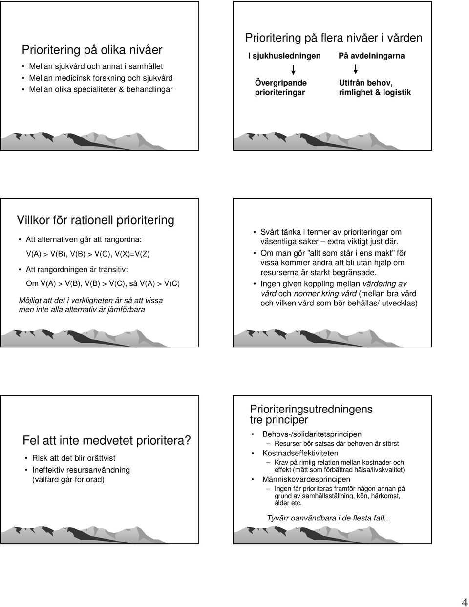 V(X)=V(Z) Att rangordningen är transitiv: Om V(A) > V(B), V(B) > V(C), så V(A) > V(C) Möjligt att det i verkligheten är så att vissa men inte alla alternativ är jämförbara Svårt tänka i termer av