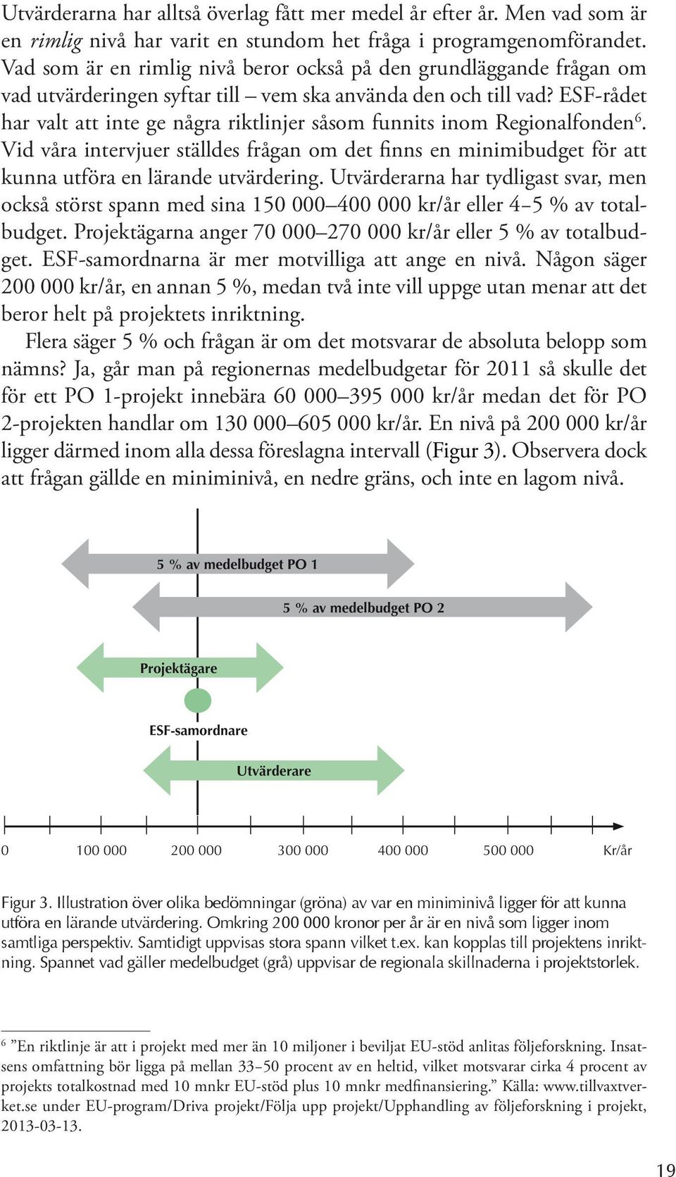 ESF-rådet har valt att inte ge några riktlinjer såsom funnits inom Regionalfonden 6. Vid våra intervjuer ställdes frågan om det finns en minimibudget för att kunna utföra en lärande utvärdering.