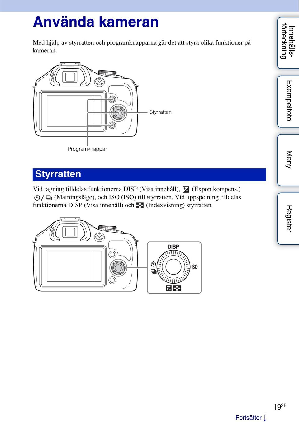 Styrratten Programknappar Styrratten Vid tagning tilldelas funktionerna DISP (Visa innehåll),