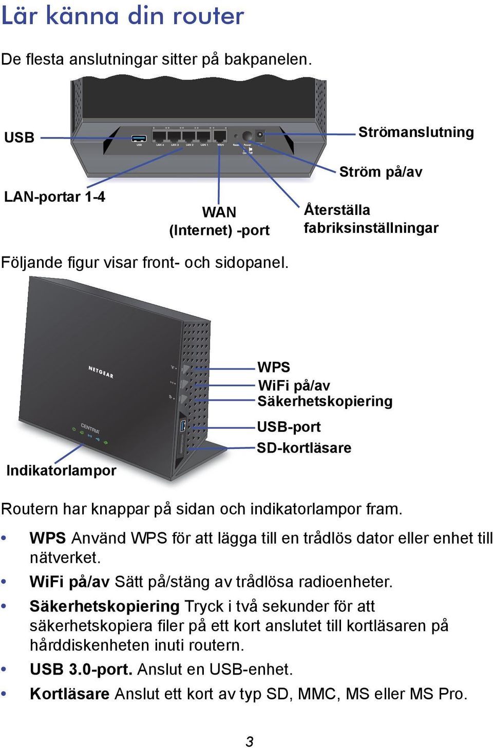 WPS WiFi på/av Säkerhetskopiering Indikatorlampor USB-port SD-kortläsare Routern har knappar på sidan och indikatorlampor fram.
