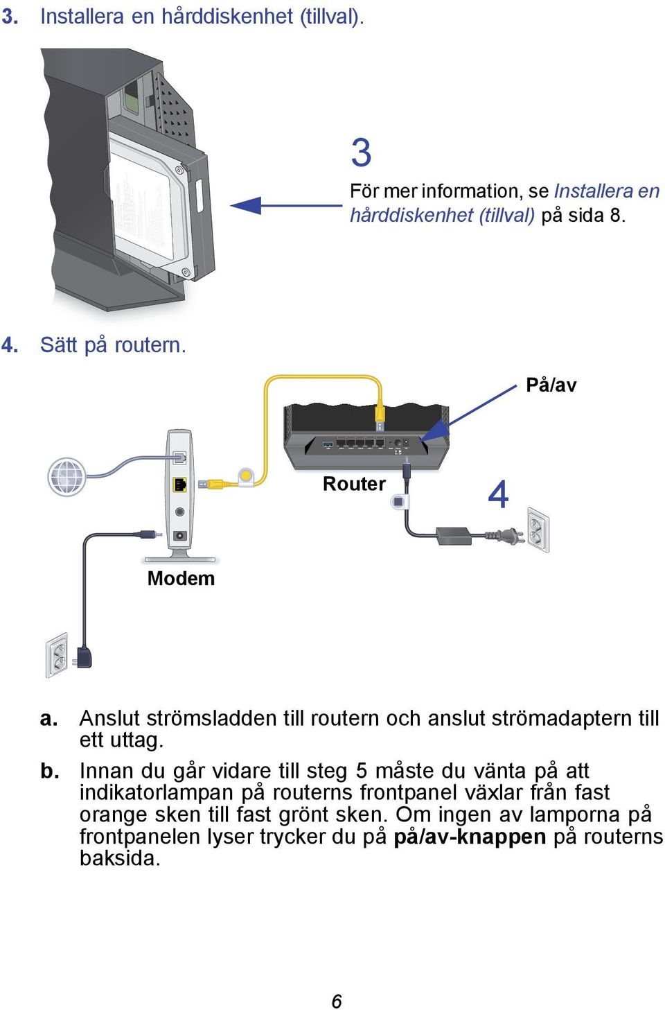 Innan du går vidare till steg 5 måste du vänta på att indikatorlampan på routerns frontpanel växlar från fast orange