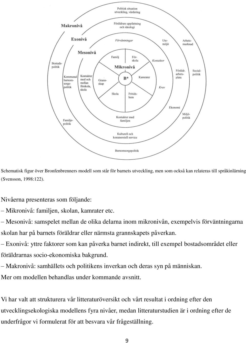 Mesonivå: samspelet mellan de olika delarna inom mikronivån, exempelvis förväntningarna skolan har på barnets föräldrar eller närmsta grannskapets påverkan.