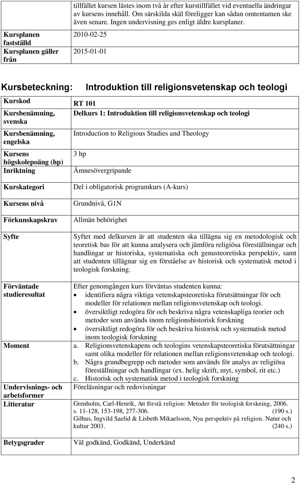 2010-02-25 Kursbeteckning: Introduktion till religionsvetenskap och teologi Kurskod RT 101 Delkurs 1: Introduktion till religionsvetenskap och teologi Introduction to Religious Studies and Theology 3