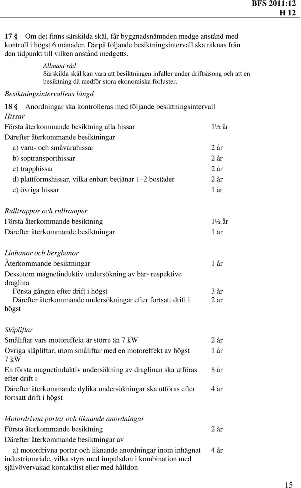 Besiktningsintervallens längd 18 Anordningar ska kontrolleras med följande besiktningsintervall Hissar Första återkommande besiktning alla hissar 1½ år Därefter återkommande besiktningar a) varu- och