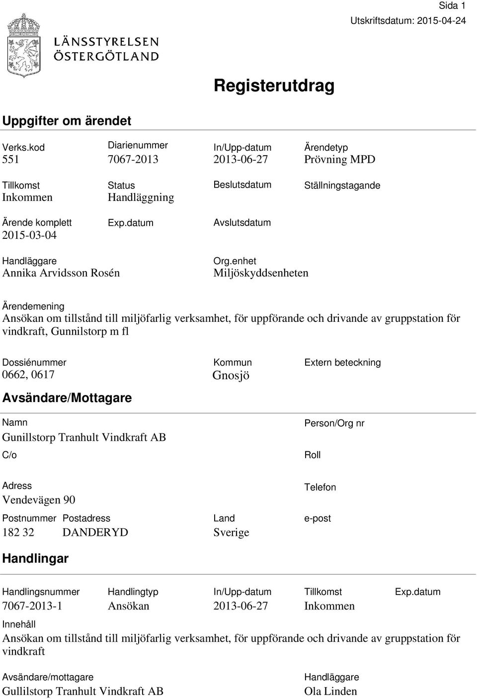 enhet Miljöskyddsenheten Ärendemening Ansökan om tillstånd till miljöfarlig verksamhet, för uppförande och drivande av gruppstation för vindkraft, Gunnilstorp m fl Dossiénummer 0662, 0617