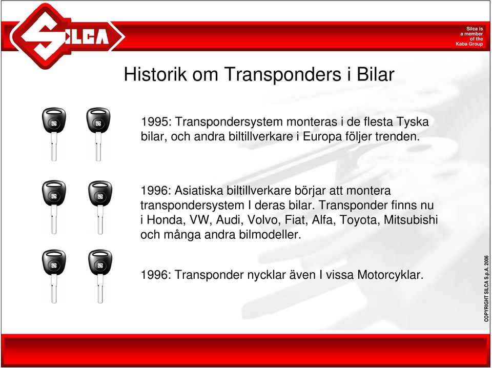 1996: Asiatiska biltillverkare börjar att montera transpondersystem I deras bilar.