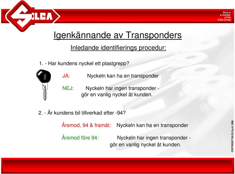 JA: Nyckeln kan ha en transponder NEJ: Nyckeln har ingen transponder - gör en vanlig nyckel åt