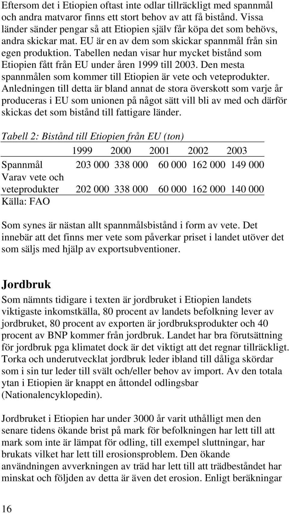 Tabellen nedan visar hur mycket bistånd som Etiopien fått från EU under åren 1999 till 2003. Den mesta spannmålen som kommer till Etiopien är vete och veteprodukter.