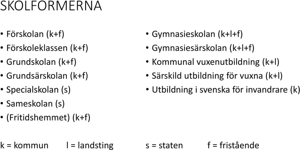 Gymnasiesärskolan (k+l+f) Kommunal vuxenutbildning (k+l) Särskild utbildning för vuxna
