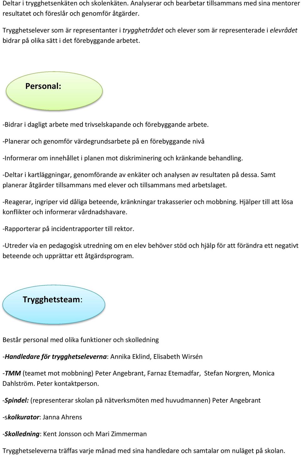 Personal: -Bidrar i dagligt arbete med trivselskapande och förebyggande arbete.