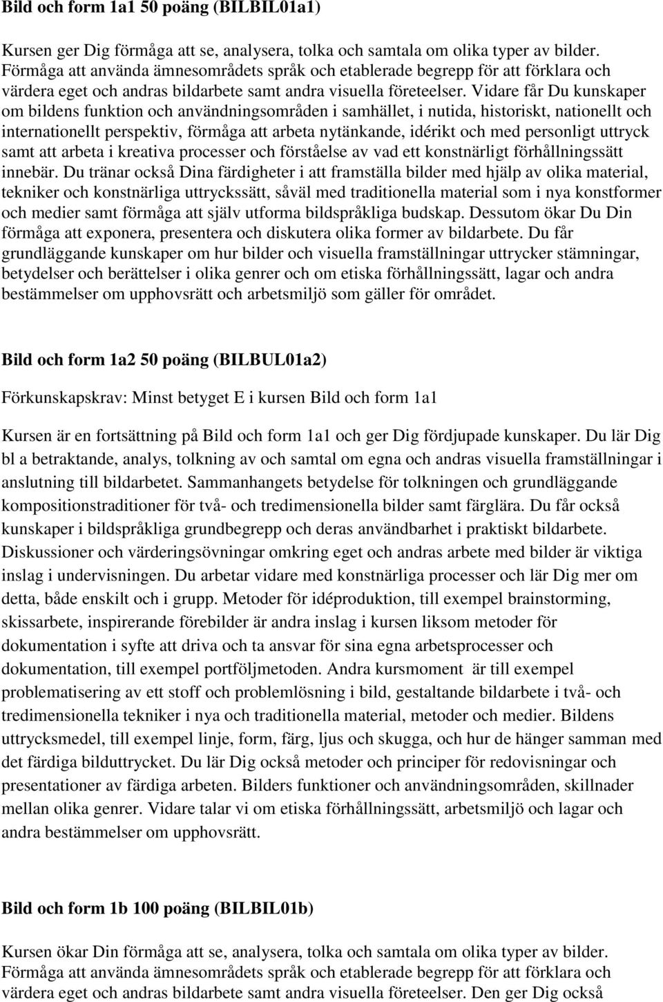 Vidare får Du kunskaper om bildens funktion och användningsområden i samhället, i nutida, historiskt, nationellt och internationellt perspektiv, förmåga att arbeta nytänkande, idérikt och med