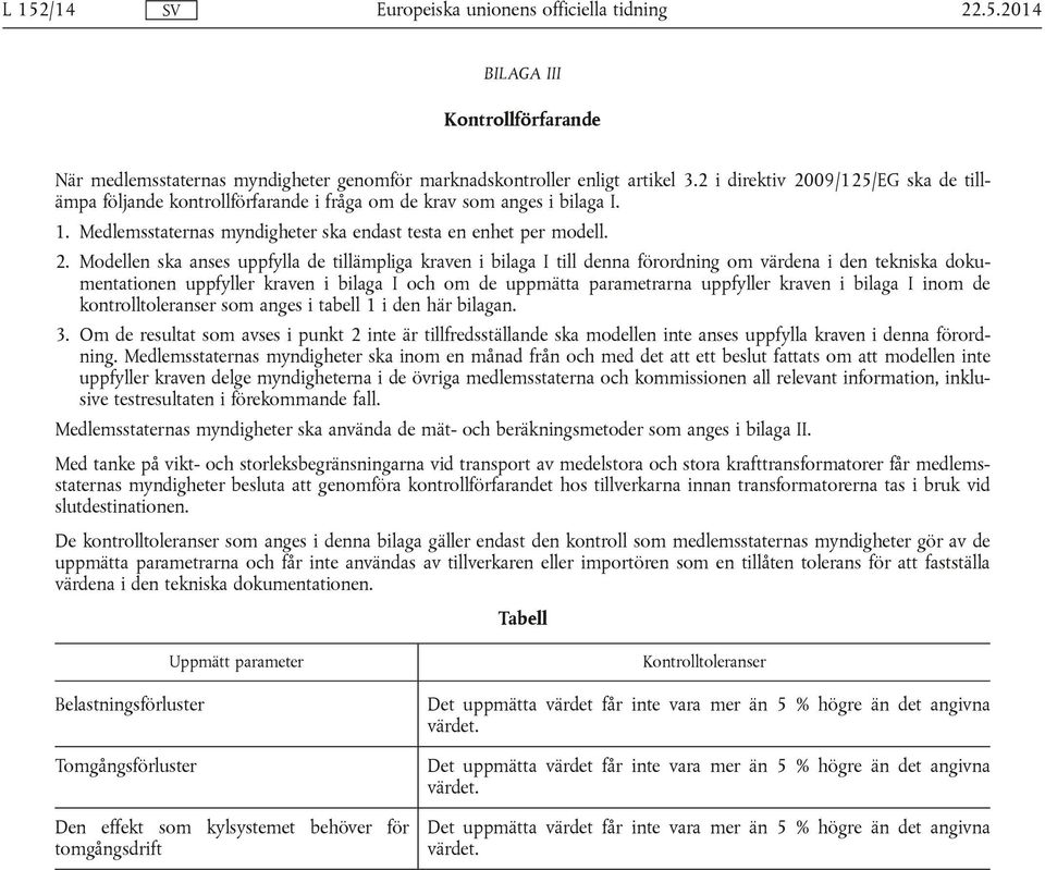 09/125/EG ska de tillämpa följande kontrollförfarande i fråga om de krav som anges i bilaga I. 1. Medlemsstaternas myndigheter ska endast testa en enhet per modell. 2.