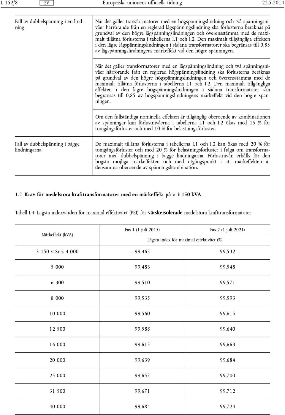 Den maximalt tillgängliga effekten i den lägre lågspänningslindningen i sådana transformatorer ska begränsas till 0,85 av lågspänningslindningens märkeffekt vid den högre spänningen.