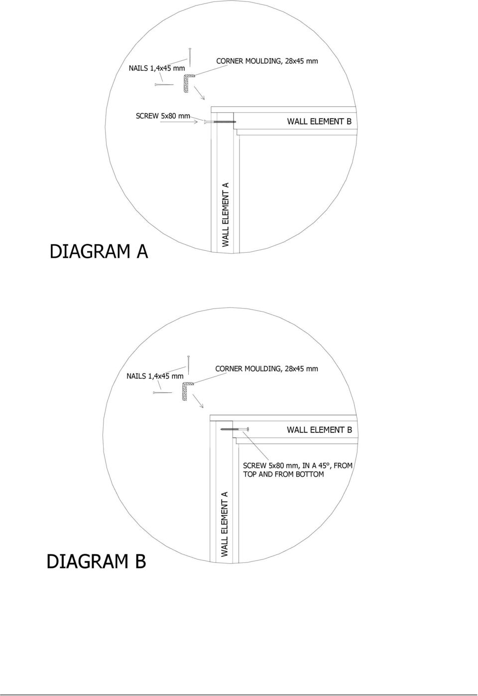 CORNER MOULDING, 28x45 mm WALL ELEMENT B SCREW 5x80 mm,