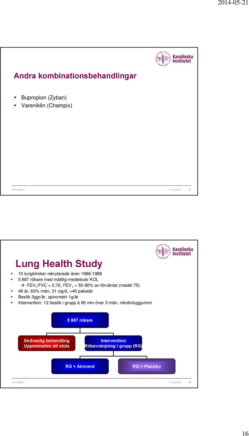 män, 31 cig/d, >40 paketår Besök 3ggr/år, spirometri 1g/år Intervention: 12 besök i grupp à 90 min över 3 mån, nikotintuggummi 5 887