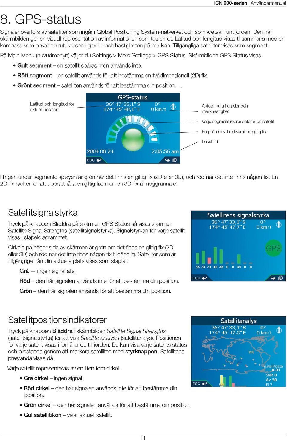 Tillgängliga satelliter visas som segment. På Main Menu (huvudmenyn) väljer du Settings > More Settings > GPS Status. Skärmbilden GPS Status visas. Gult segment en satellit spåras men används inte.