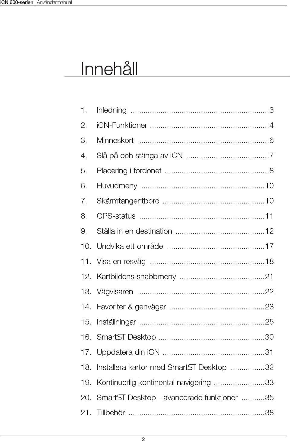 Kartbildens snabbmeny...21 13. Vägvisaren...22 14. Favoriter & genvägar...23 15. Inställningar...25 16. Smart Desktop...30 17. Uppdatera din icn.