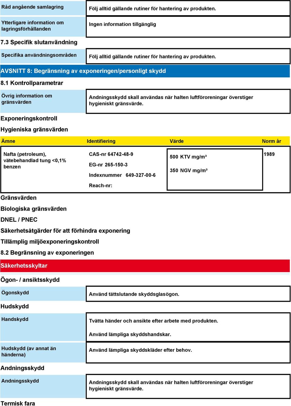 1 Kontrollparametrar Övrig information om gränsvärden Andningsskydd skall användas när halten luftföroreningar överstiger hygieniskt gränsvärde.