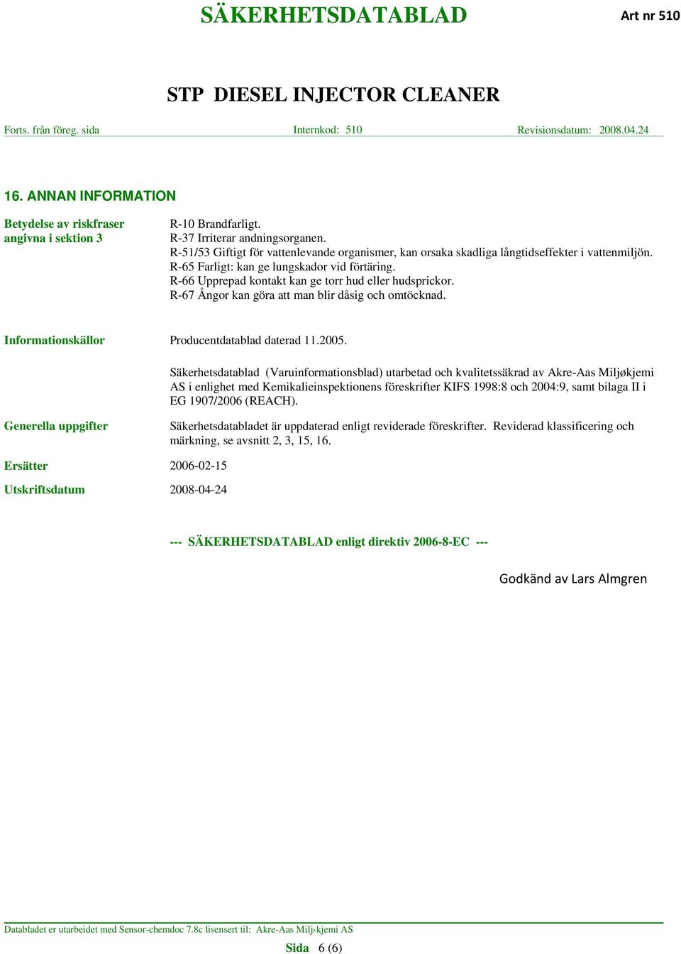 R-66 Upprepad kontakt kan ge torr hud eller hudsprickor. R-67 Ångor kan göra att man blir dåsig och omtöcknad. Informationskällor Producentdatablad daterad 11.2005.