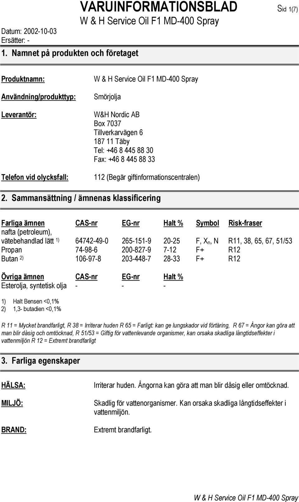 Sammansättning / ämnenas klassificering Farliga ämnen CAS-nr EG-nr Halt % Symbol Risk-fraser nafta (petroleum), vätebehandlad lätt 1) 64742-49-0 265-151-9 20-25 F, X n, N R11, 38, 65, 67, 51/53