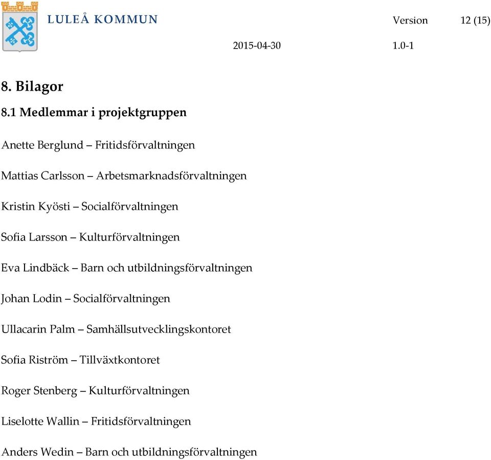 Kyösti Socialförvaltningen Sofia Larsson Kulturförvaltningen Eva Lindbäck Barn och utbildningsförvaltningen Johan Lodin