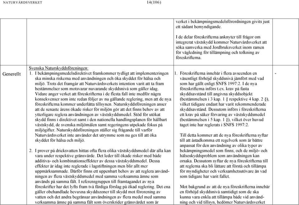 Generellt Svenska Naturskyddsföreningen: 1. I bekämpningsmedelsdirektivet framkommer tydligt att implementeringen ska minska riskerna med användningen och öka skyddet för hälsa och miljö.