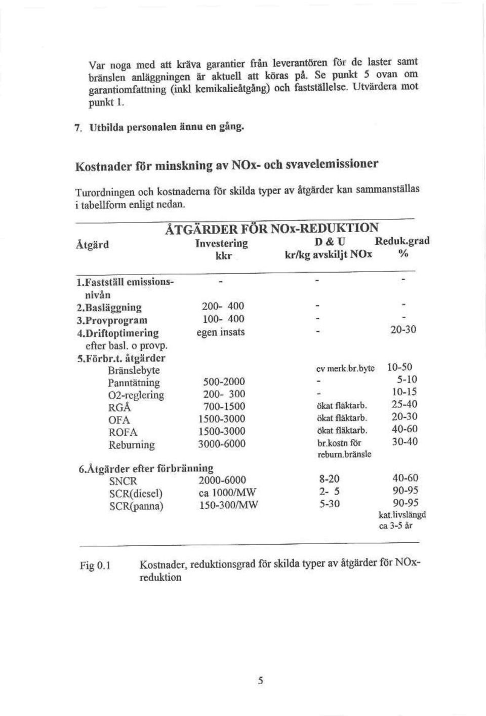Kostnader för minskning av NOx- och svavelcmissioncr Turordningen och kostnaderna för skilda typer av åtgärder kan sammanställas i tabellform enligt nedan.