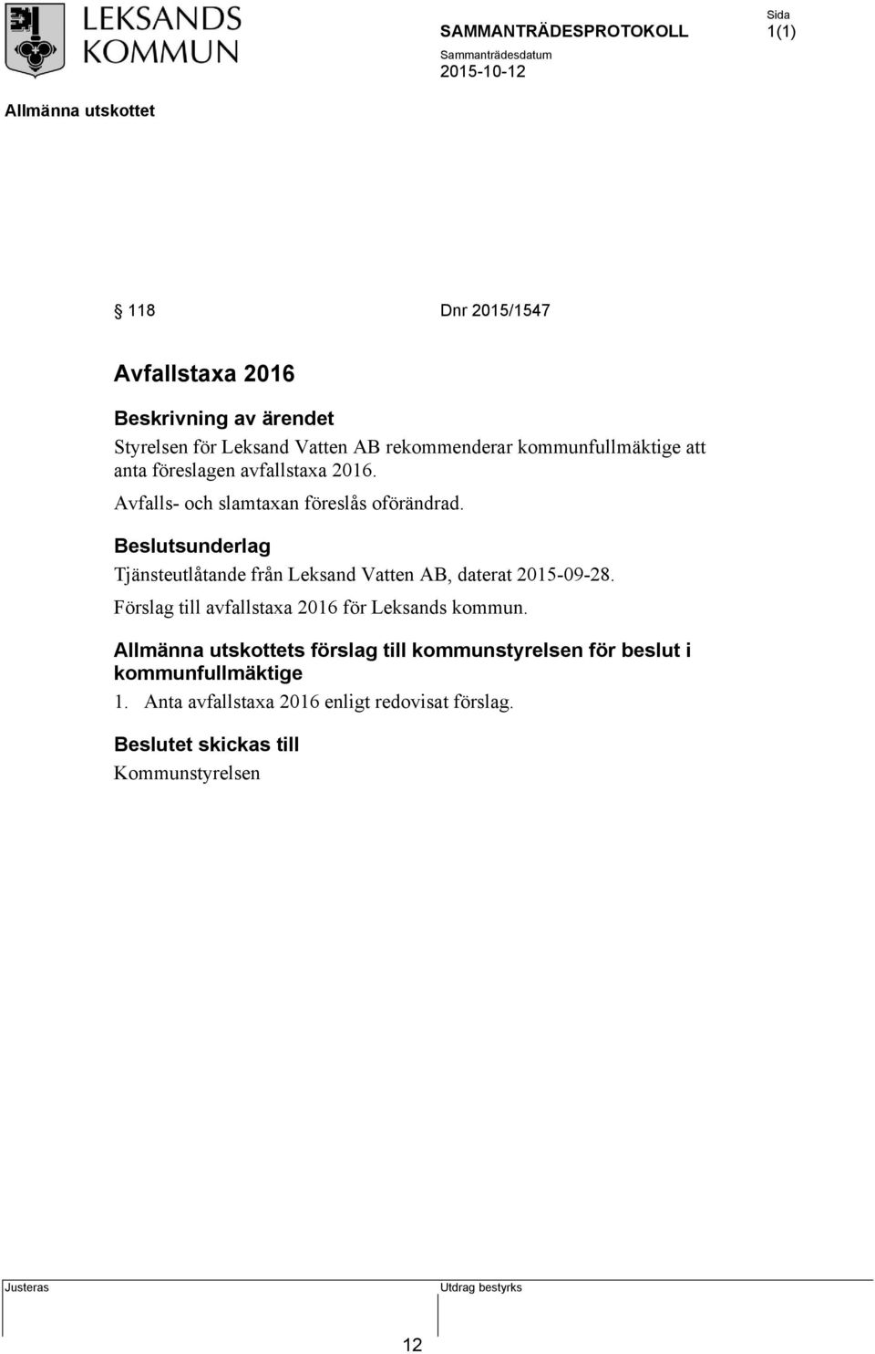 Tjänsteutlåtande från Leksand Vatten AB, daterat 2015-09-28.