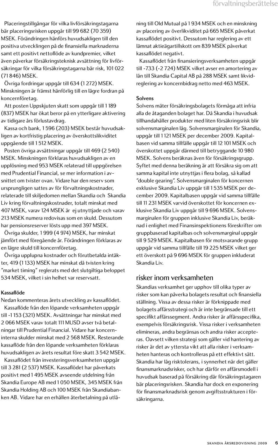 livförsäkringar för vilka försäkringstagarna bär risk, 101 022 (71 846) MSEK. Övriga fordringar uppgår till 634 (1 272) MSEK. Minskningen är främst hänförlig till en lägre fordran på koncernföretag.