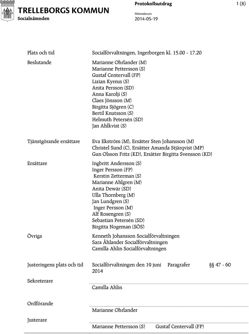 Helmuth Petersén (SD) Jan Ahlkvist (S) Tjänstgörande ersättare Ersättare Övriga Eva Ekström (M), Ersätter Sten Johansson (M) Christel Sund (C), Ersätter Amanda Stjärqvist (MP) Gun Olsson Fritz (KD),