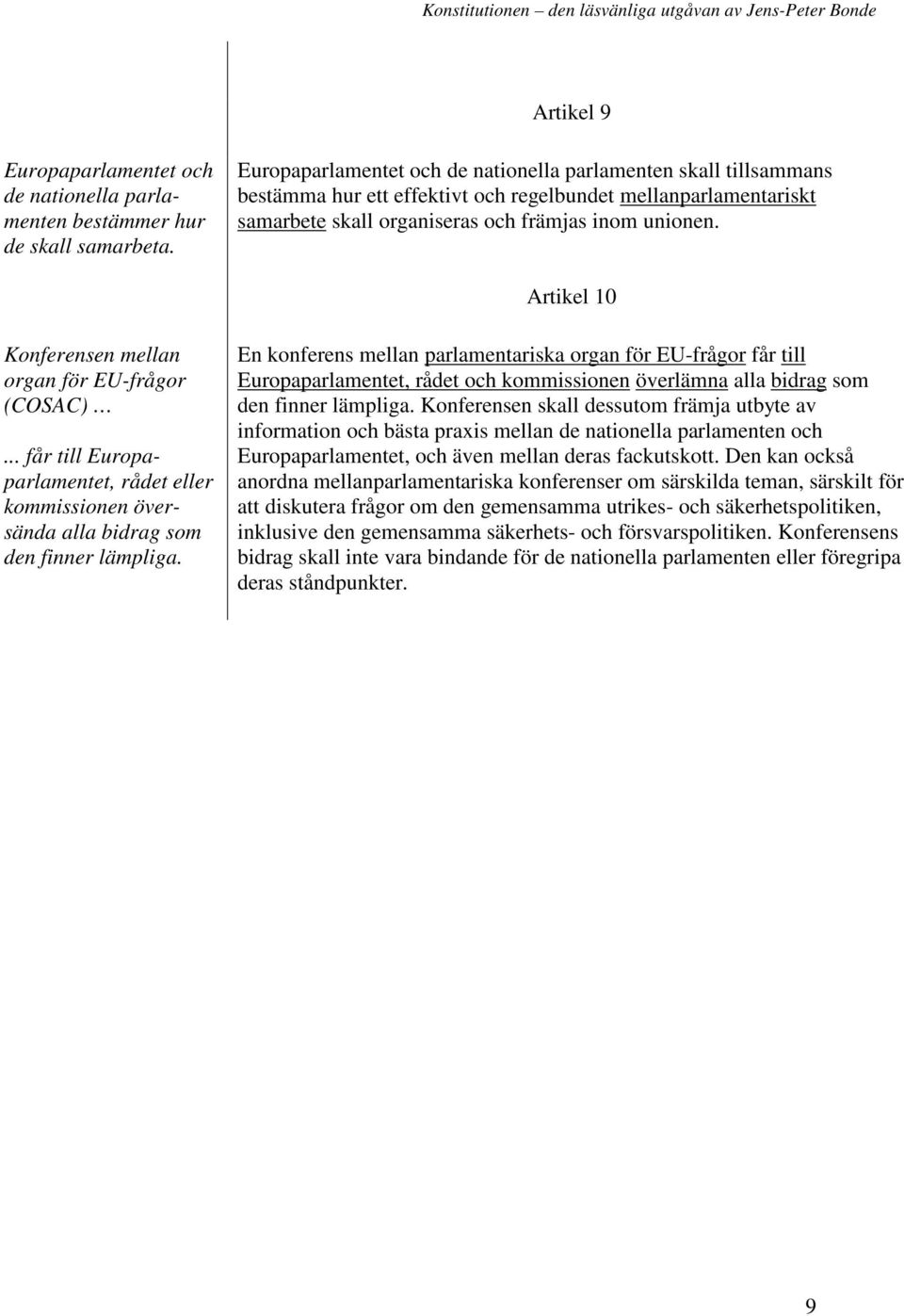 Artikel 10 Konferensen mellan organ för EU-frågor (COSAC)... får till Europaparlamentet, rådet eller kommissionen översända alla bidrag som den finner lämpliga.