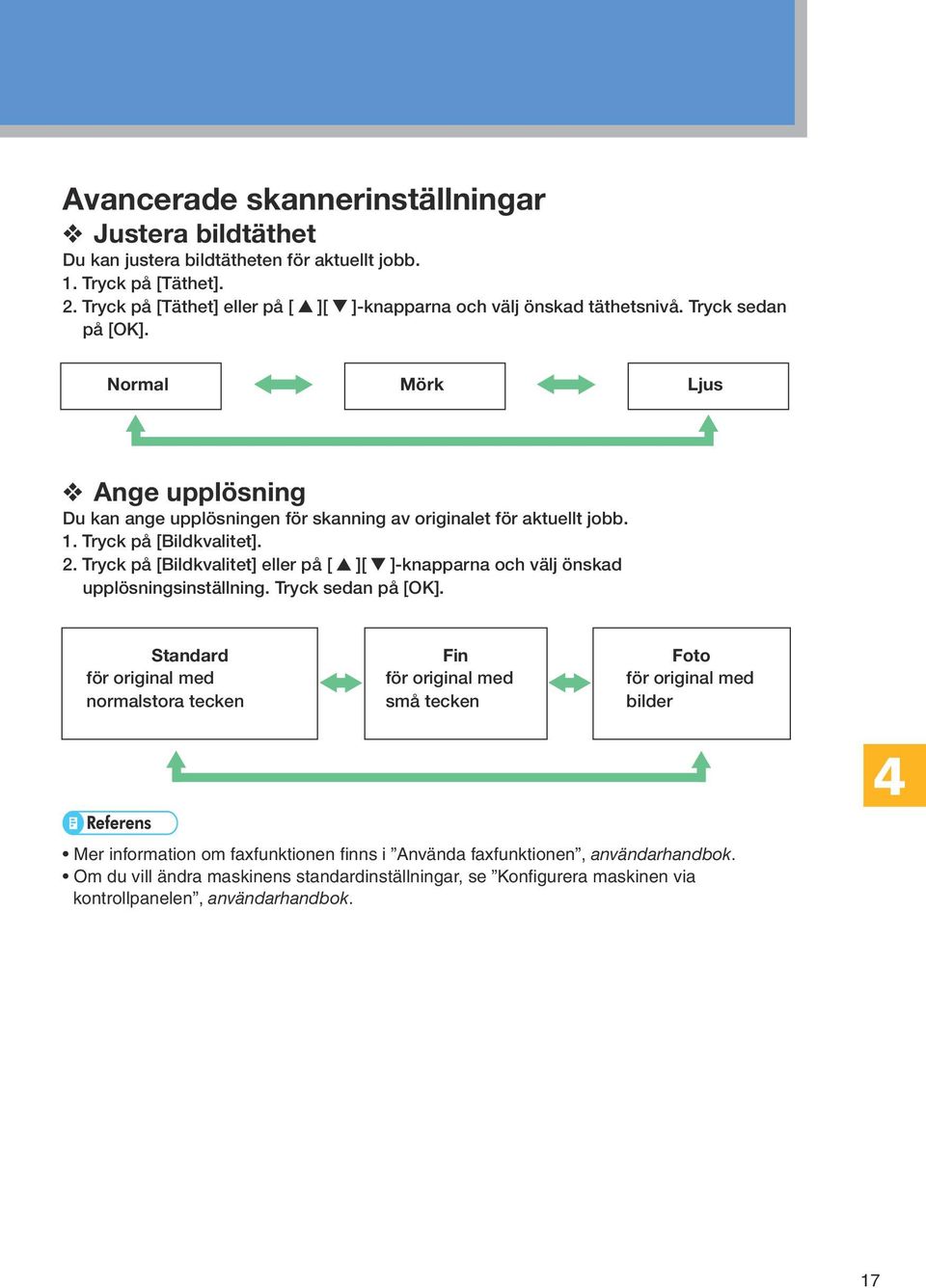 Normal Mörk Ljus Ange upplösning Du kan ange upplösningen för skanning av originalet för aktuellt jobb. 1. Tryck på [Bildkvalitet]. 2.