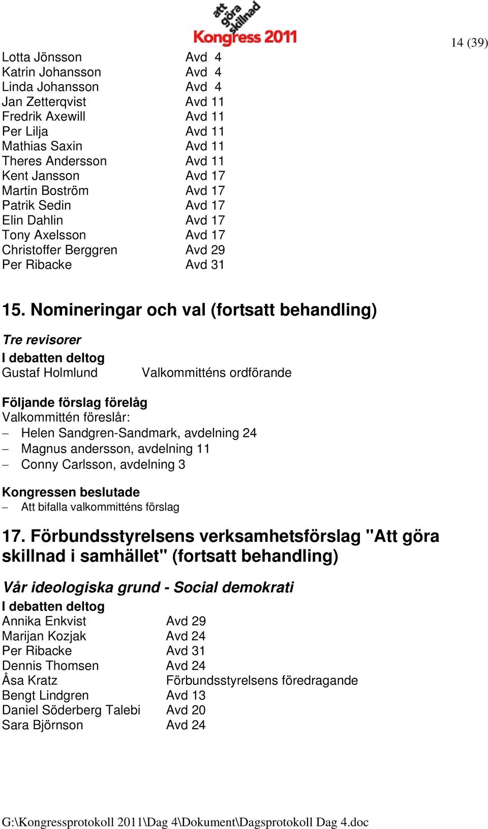 Nomineringar och val (fortsatt behandling) Tre revisorer Gustaf Holmlund Valkommitténs ordförande Valkommittén föreslår: Helen Sandgren-Sandmark, avdelning 24 Magnus andersson, avdelning 11 Conny