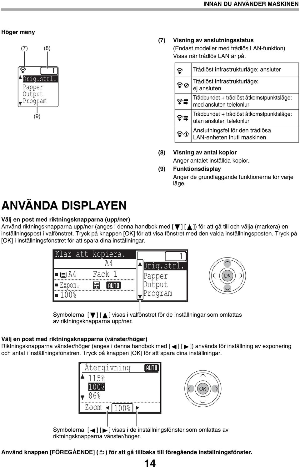 telefonlur Anslutningsfel för den trådlösa LAN-enheten inuti maskinen (8) Visning av antal kopior Anger antalet inställda kopior.