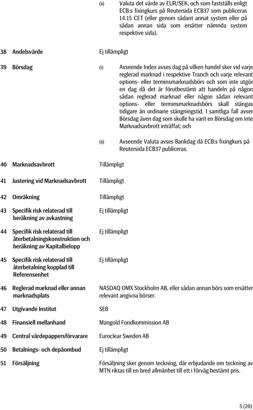 38 Andelsvärde Ej tillämpligt 39 Börsdag (i) Avseende Index avses dag på vilken handel sker vid varje reglerad marknad i respektive Tranch och varje relevant options- eller terminsmarknadsbörs och