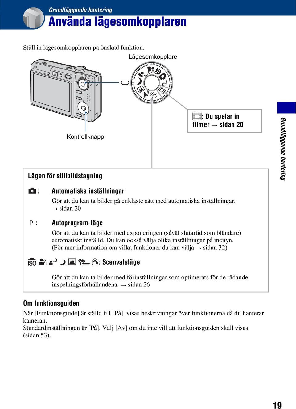 automatiska inställningar. t sidan 20 : Autoprogram-läge Gör att du kan ta bilder med exponeringen (såväl slutartid som bländare) automatiskt inställd. Du kan också välja olika inställningar på menyn.