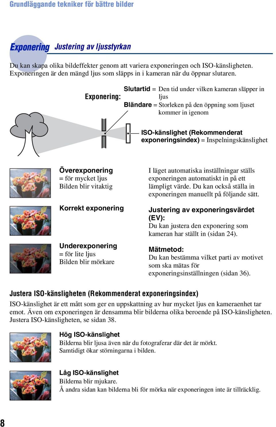 Slutartid = Den tid under vilken kameran släpper in Exponering: ljus Bländare = Storleken på den öppning som ljuset kommer in igenom ISO-känslighet (Rekommenderat exponeringsindex) =