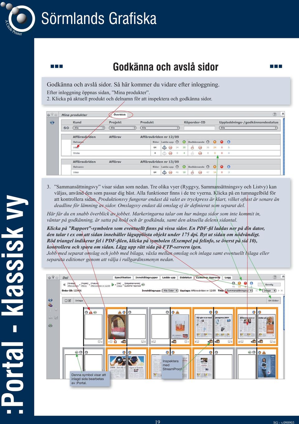 Klicka på en tumnagelbild för att kontrollera sidan. Produktionsvy fungerar endast då valet av tryckpress är klart, vilket oftast är senare än deadline för lämning av sidor.