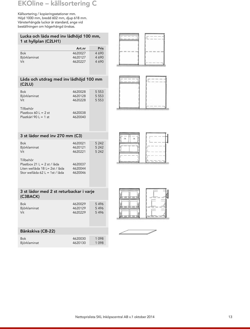 Björklaminat 4620128 5 553 Vit 4620228 5 553 Plastbox 60 L = 2 st 4620038 Plastkärl 90 L = 1 st 4620040 3 st lådor med inv 270 mm (C3) Bok 4620021 5 242 Björklaminat 4620121 5 242 Vit 4620221 5 242