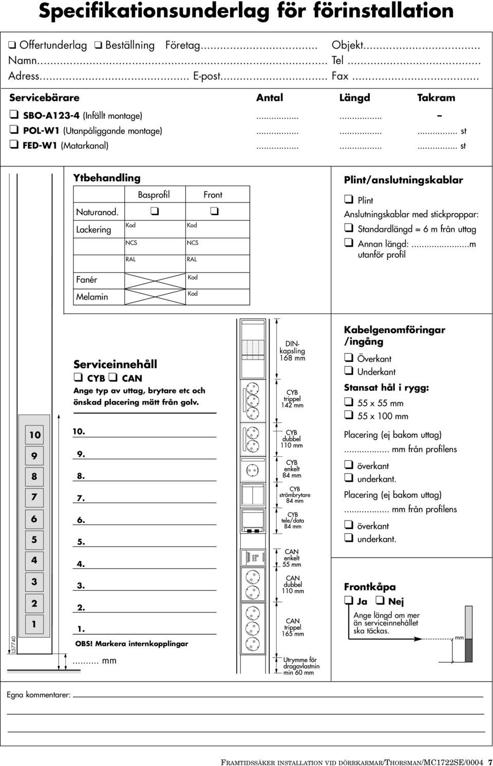 Lackering Kod Kod NCS NCS RAL RAL Plint/anslutningskablar Plint Anslutningskablar med stickproppar: Standardlängd = 6 m från uttag Annan längd:.