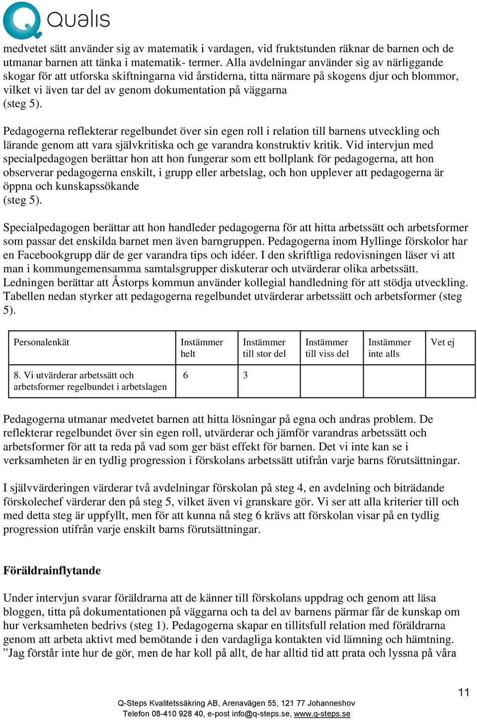 (steg 5). Pedagogerna reflekterar regelbundet över sin egen roll i relation till barnens utveckling och lärande genom att vara självkritiska och ge varandra konstruktiv kritik.