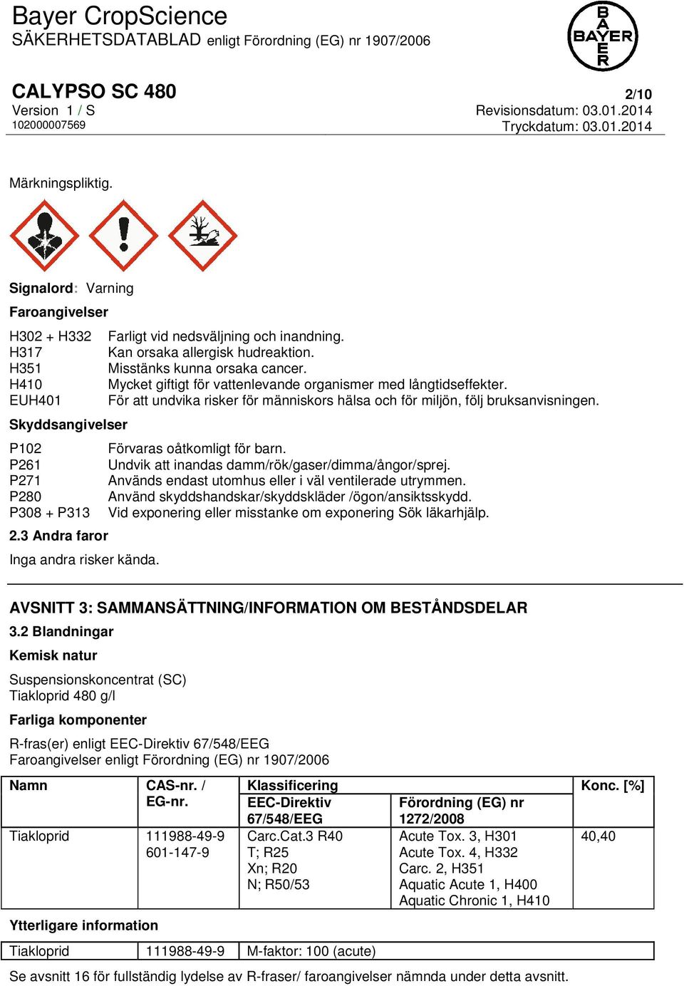 Skyddsangivelser P102 Förvaras oåtkomligt för barn. P261 Undvik att inandas damm/rök/gaser/dimma/ångor/sprej. P271 Används endast utomhus eller i väl ventilerade utrymmen.