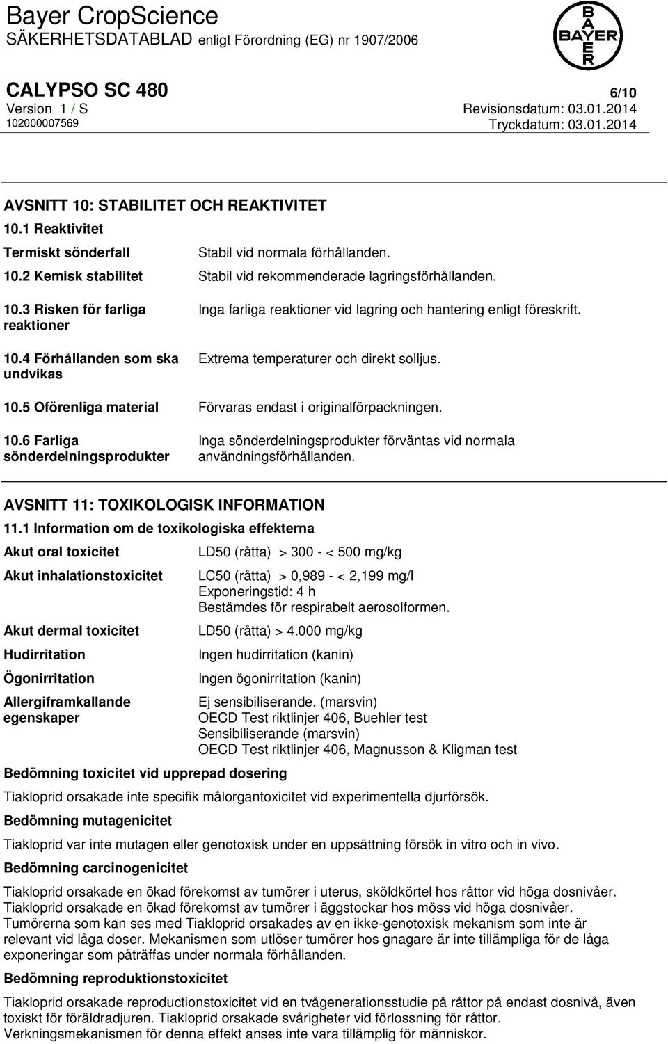 10.6 Farliga sönderdelningsprodukter Inga sönderdelningsprodukter förväntas vid normala användningsförhållanden. AVSNITT 11: TOXIKOLOGISK INFORMATION 11.