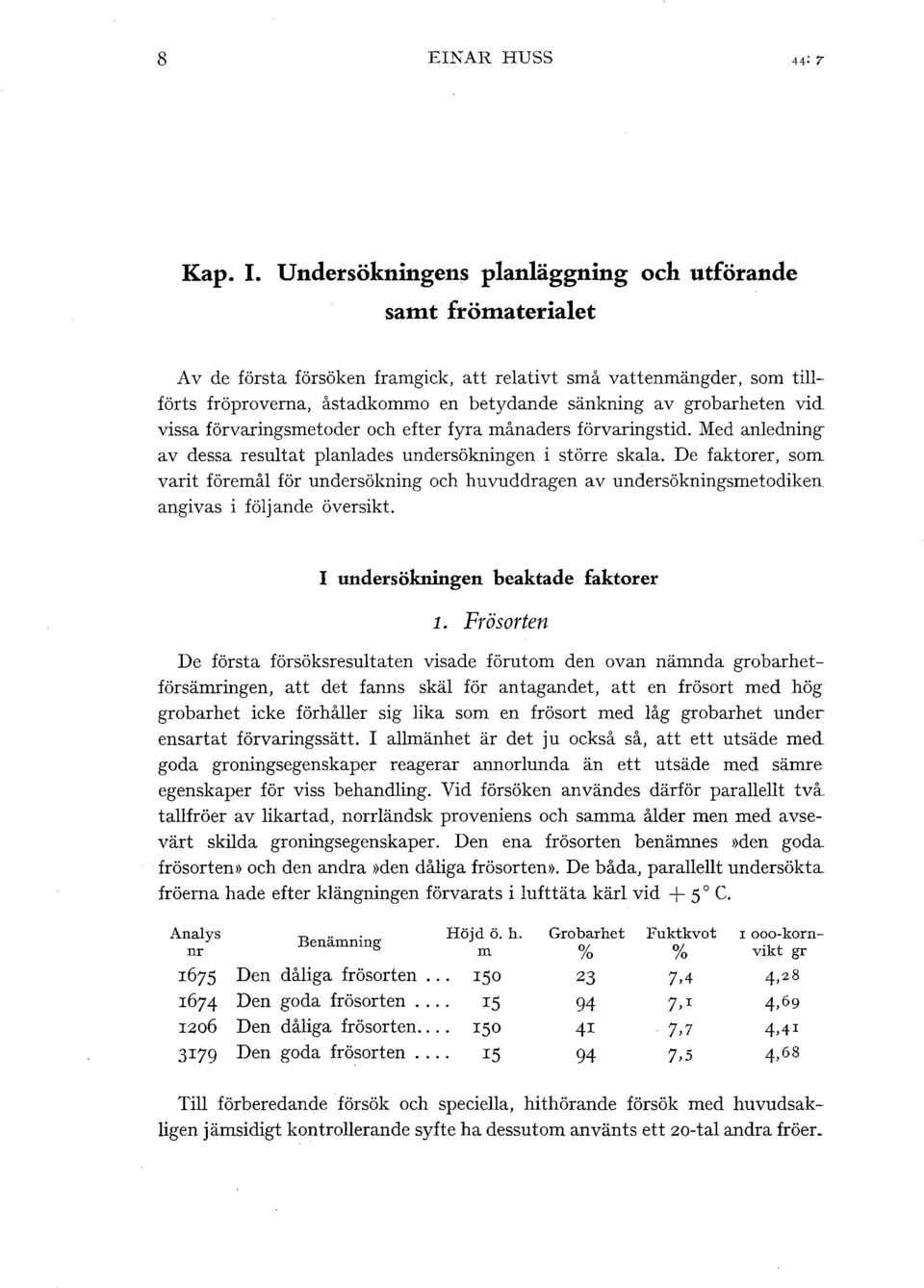 vissa förvaringsmetoder och efter fyra månaders förvaringstid. Med anedning av dessa resutat panades undersökningen i större skaa.