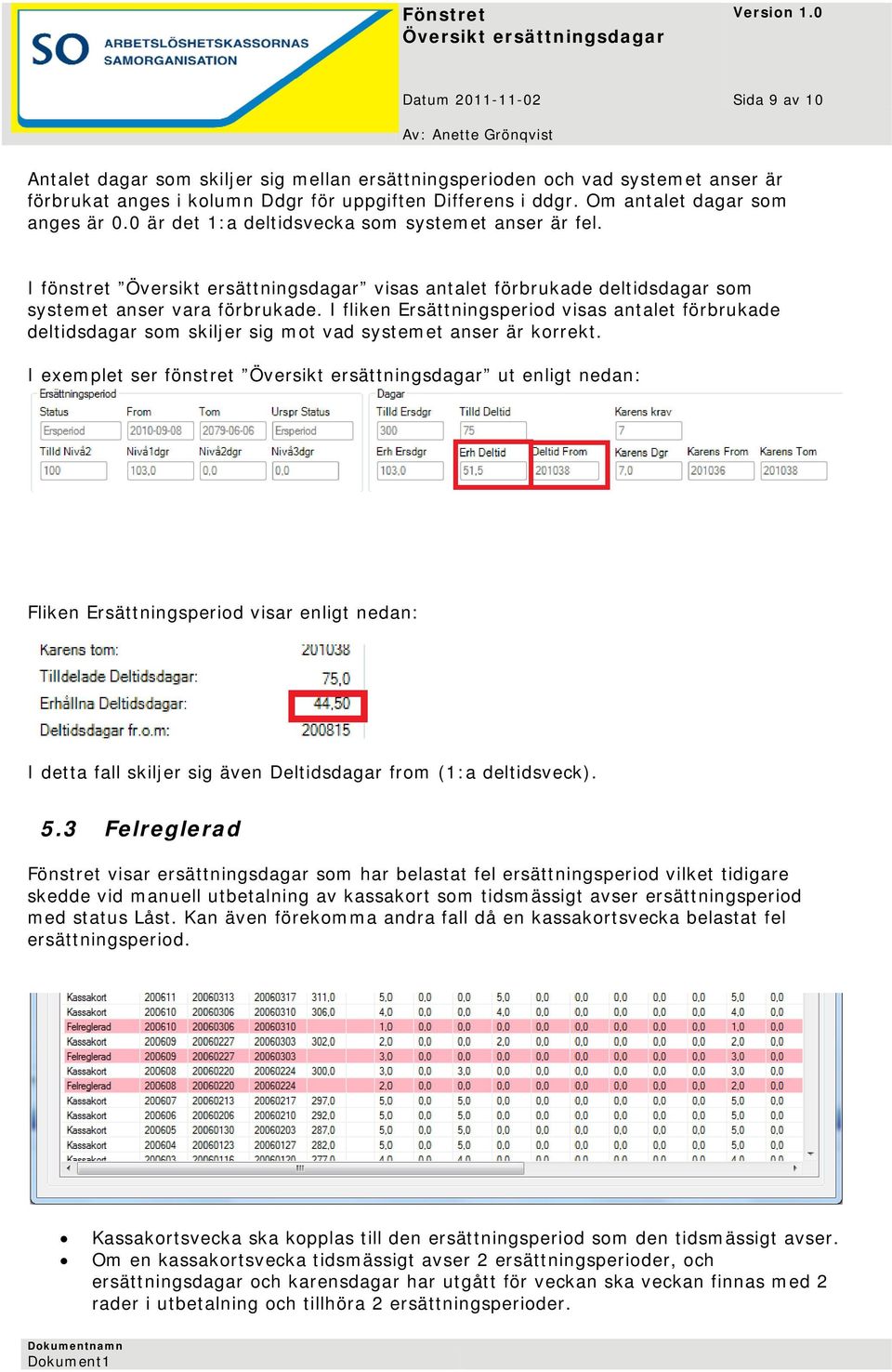 I fliken Ersättningsperiod visas antalet förbrukade deltidsdagar som skiljer sig mot vad systemet anser är korrekt.