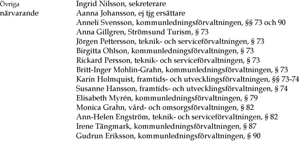 kommunledningsförvaltningen, 73 Karin Holmquist, framtids- och utvecklingsförvaltningen, 73-74 Susanne Hansson, framtids- och utvecklingsförvaltningen, 74 Elisabeth Myrén,
