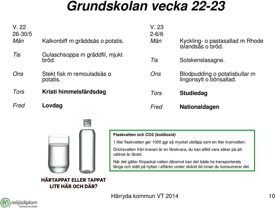 Kristi himmelsfärdsdag Studiedag Lovdag Nationaldagen Flaskvatten och CO2 (koldioxid) 1 liter flaskvatten ger 1000 ggr så mycket utsläpp som en liter kranvatten.