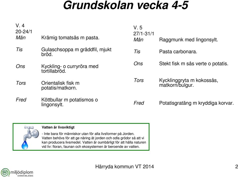 Köttbullar m potatismos o lingonsylt. Potatisgratäng m kryddiga korvar. Vatten är livsviktigt - Inte bara för människor utan för alla livsformer på Jorden.