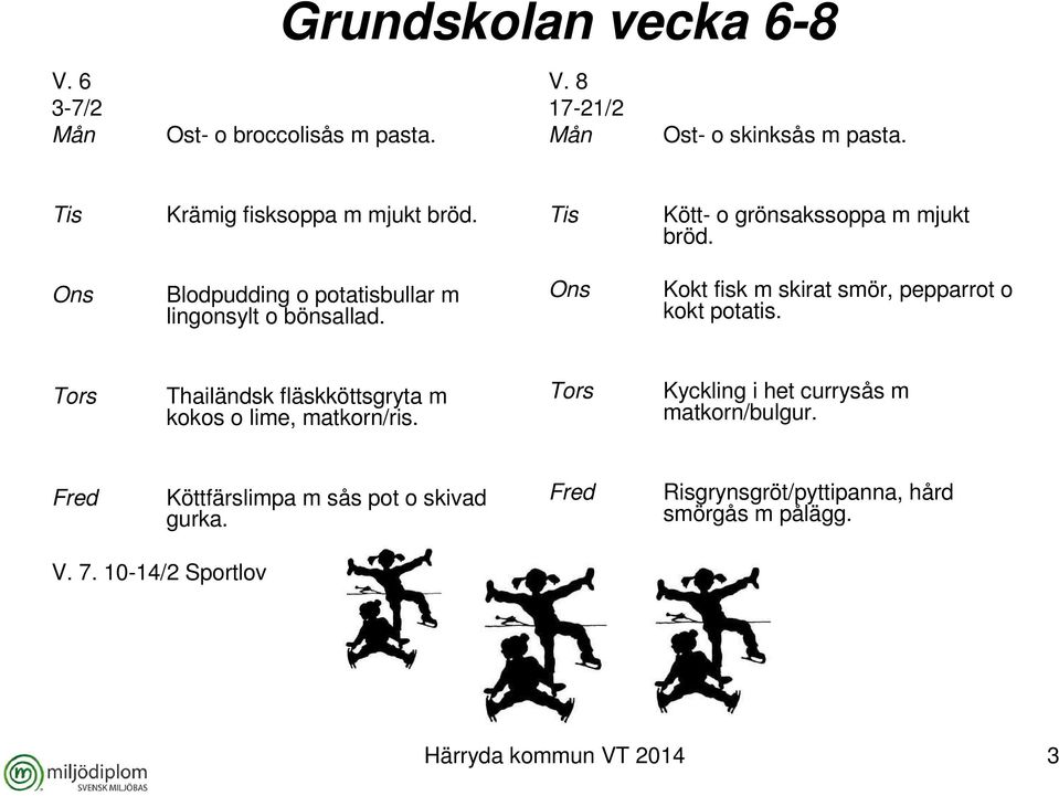 Kokt fisk m skirat smör, pepparrot o kokt potatis. Thailändsk fläskköttsgryta m kokos o lime, matkorn/ris.