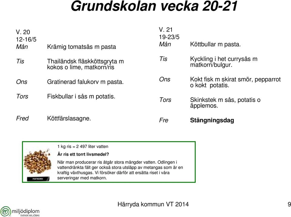 Kokt fisk m skirat smör, pepparrot o kokt potatis. Fiskbullar i sås m potatis. Skinkstek m sås, potatis o äpplemos. Köttfärslasagne.